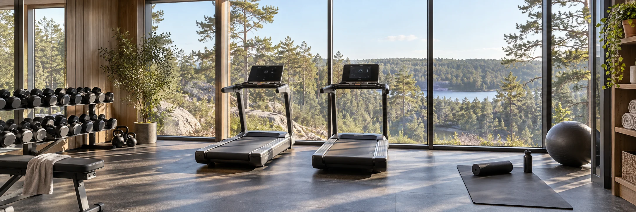 Ljust hotellgym med utsikt mot naturen