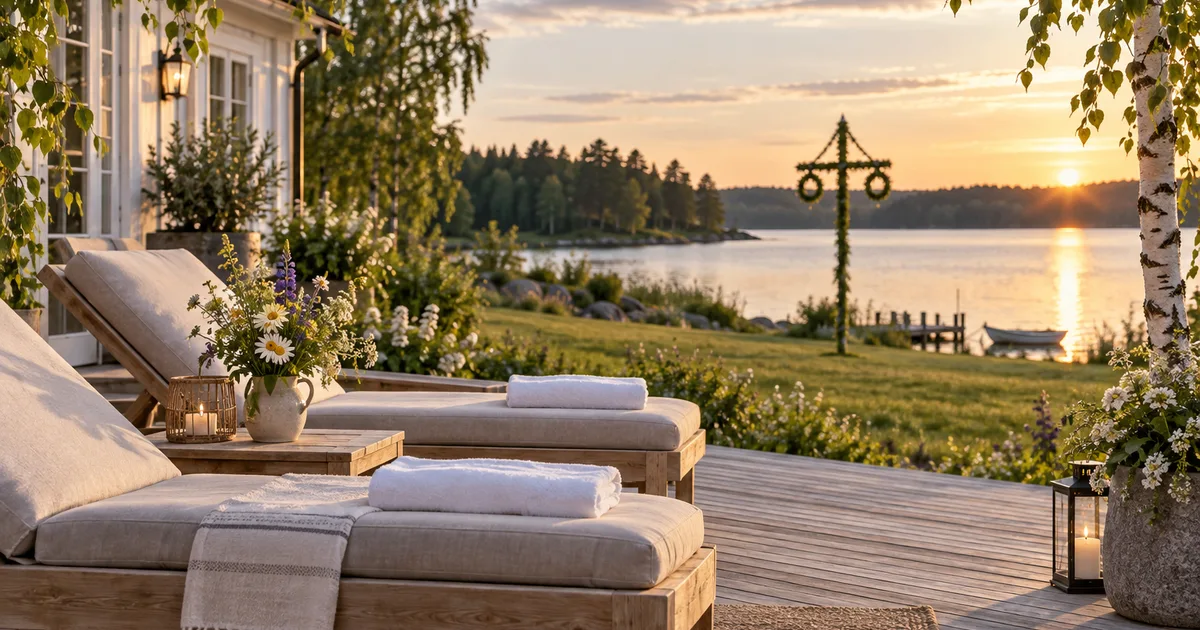 Lugn terrass vid en sjö med midsommarstång i bakgrunden